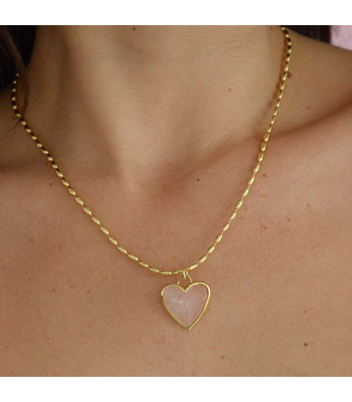 Collar de Cuarzo Rosa con dije en forma de corazón